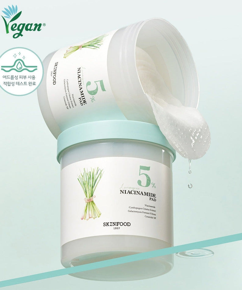 SKINFOOD Lemongrass Niacinamide 5 60 Pads, vegan skincare, hydrating pads with lemongrass and niacinamide for brightening