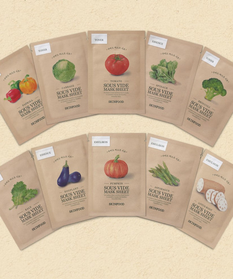 Assorted SKINFOOD Sous Vide Mask Sheet packs featuring various vegetables for nourishing skincare
