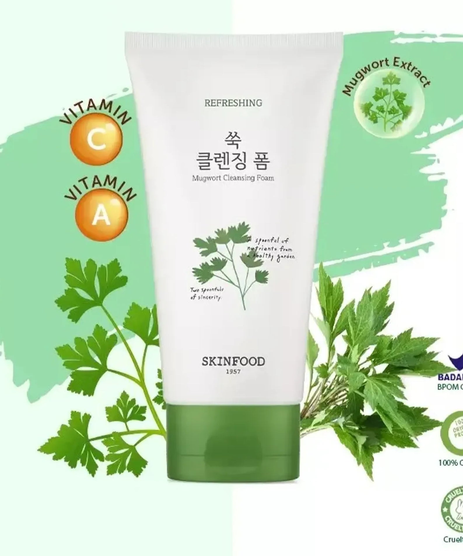 SKINFOOD Veggie Garden Mugwort Cleansing Foam 150ml with Vitamin C benefits and Mugwort extract, cruelty-free and 100% original.