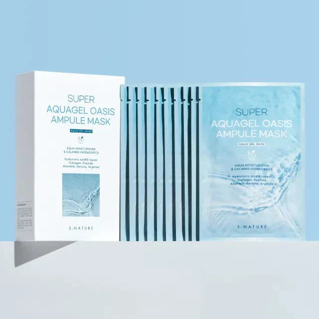 S.NATURE Super Aqua Gel Oasis Ampoule Mask packaging on a blue background.