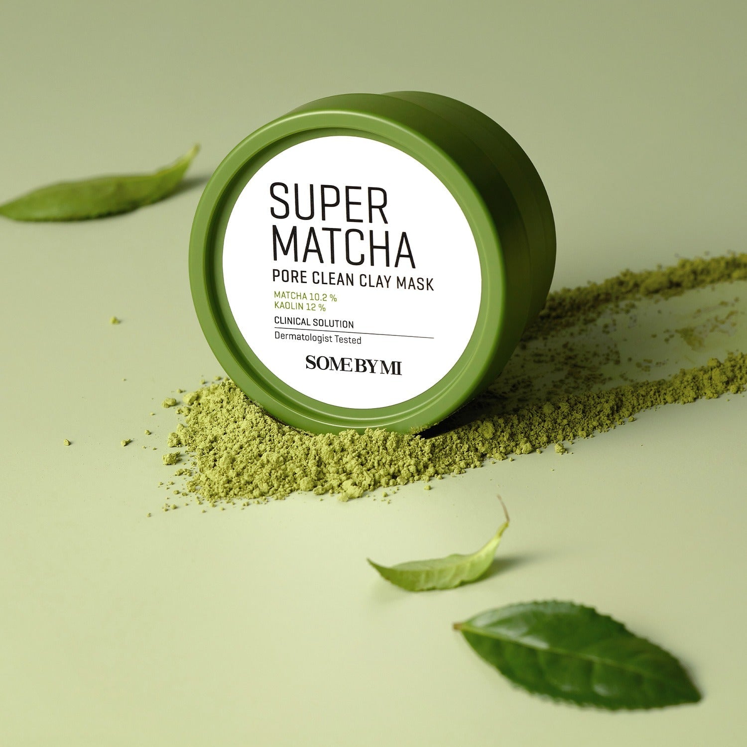 SOME BY MI Super Matcha Pore Clean Clay Mask 100g with matcha powder and leaves display