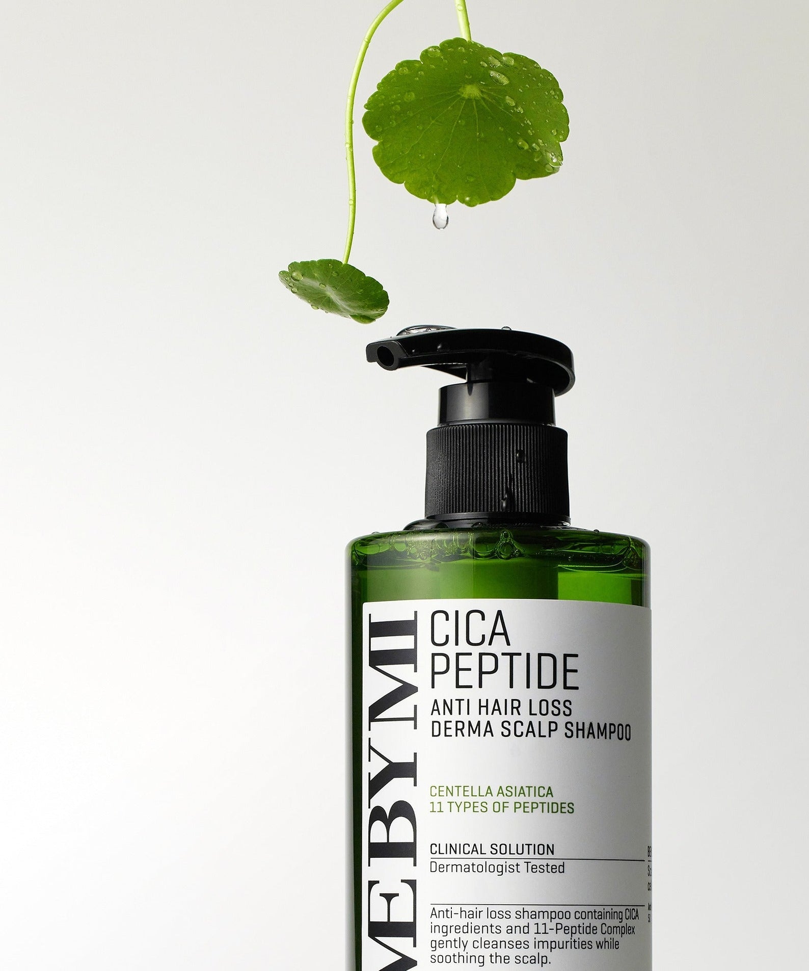 SOME BY MI Cica Peptide Anti Hair Loos Derma Scalp Shampoo 285ml bottle with green leaf background, pumple top, and product label.