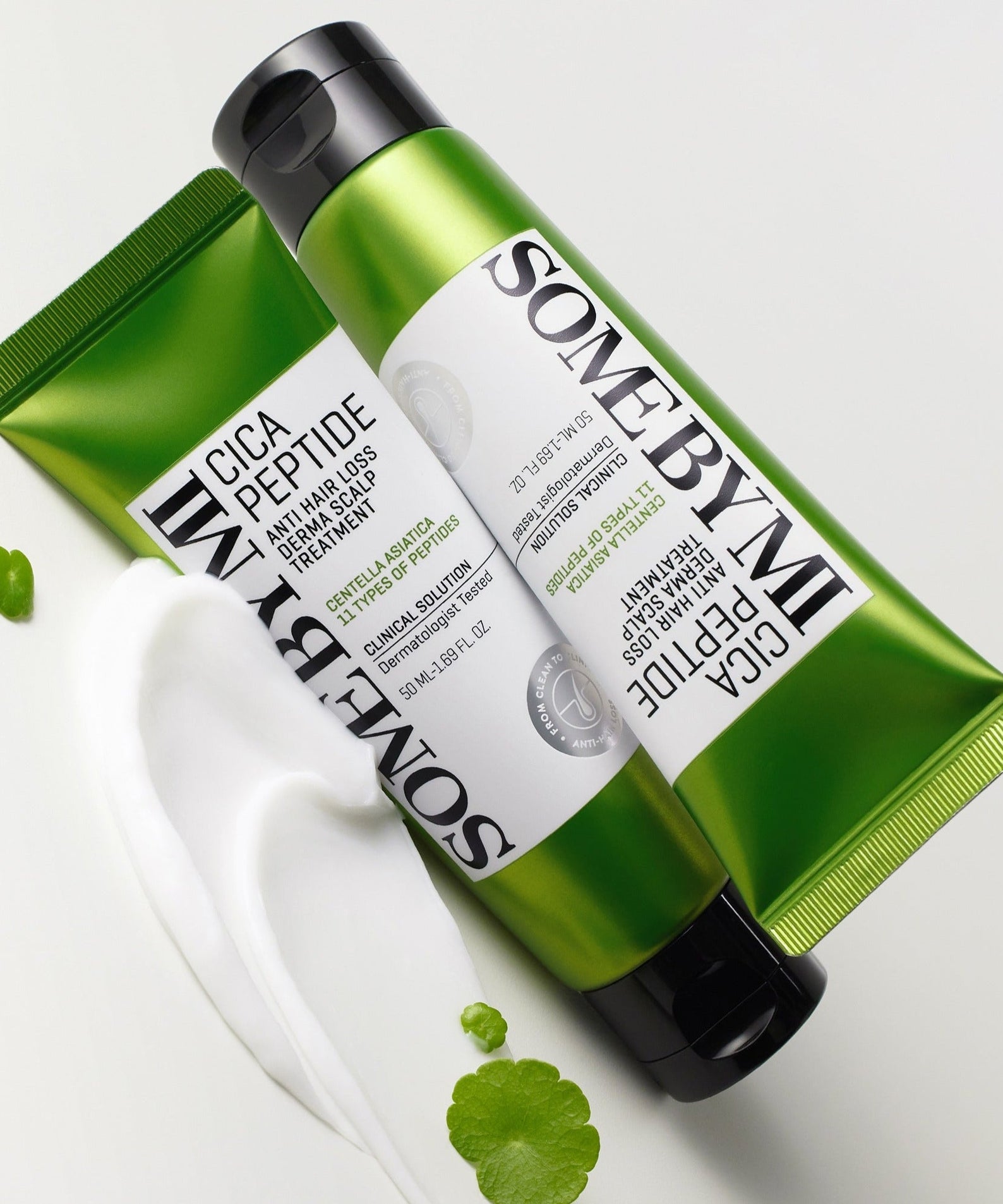 SOME BY MI Cica Peptide Anti Hair Loss Derma Scalp Treatment 50ml tubes on white background with green leaves