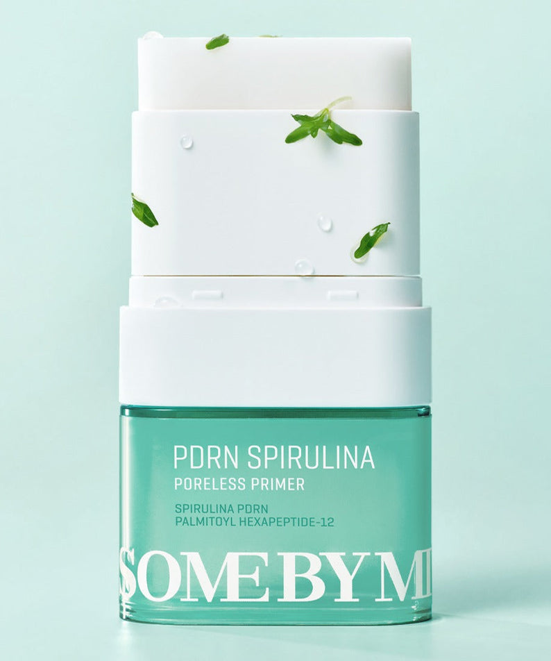 SOME BY MI PDRN Spirulina Poreless Primer 10g in a stack with green spirulina details on a pastel background.
