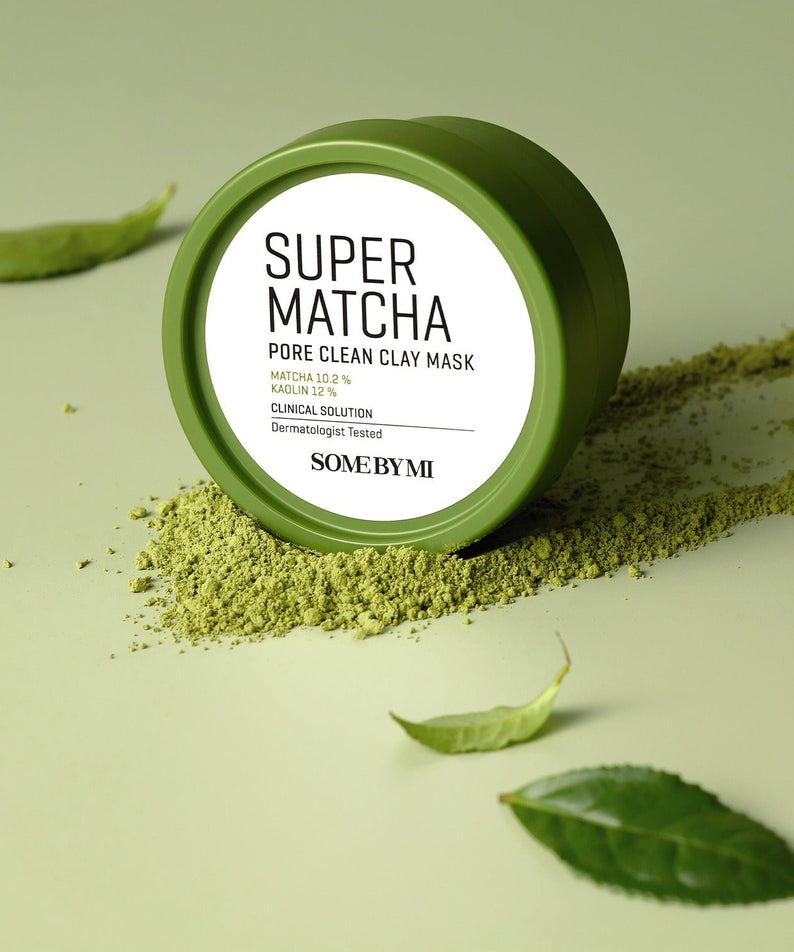 SOME BY MI Super Matcha Pore Clean Clay Mask 100g with matcha powder and leaves display