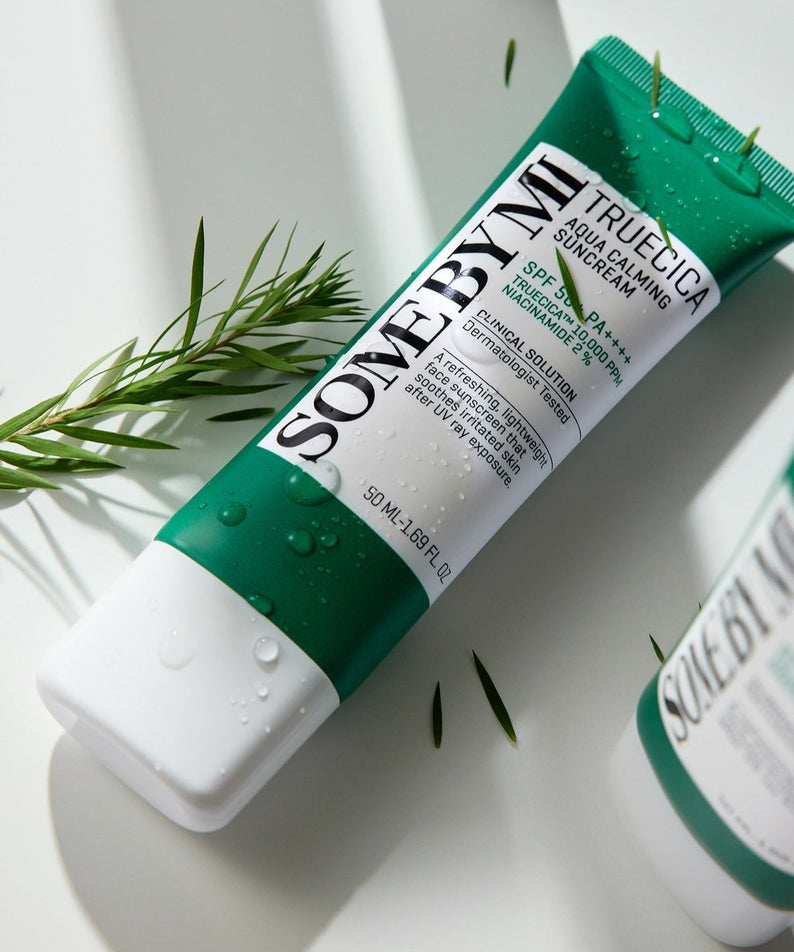 SOME BY MI Truecica Aqua Calming Sun Cream 50ml tube on white background with green accents