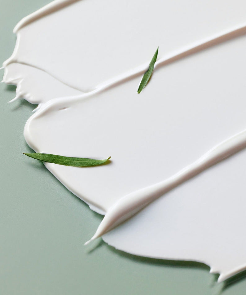 Texture of SOME BY MI Truecica Weaponless Calming Tone Up Sun Cream 50ml with green leaves accent