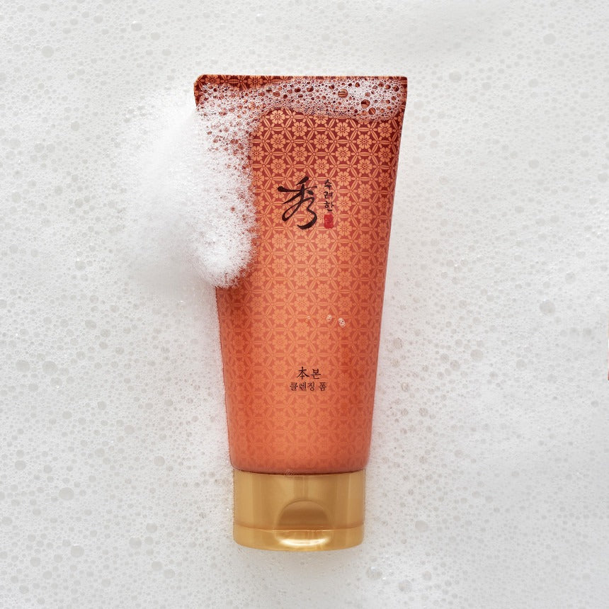 SOORYEHAN Bon Cleansing Foam 160ml shown on a foamy surface, highlighting the product's luxurious packaging