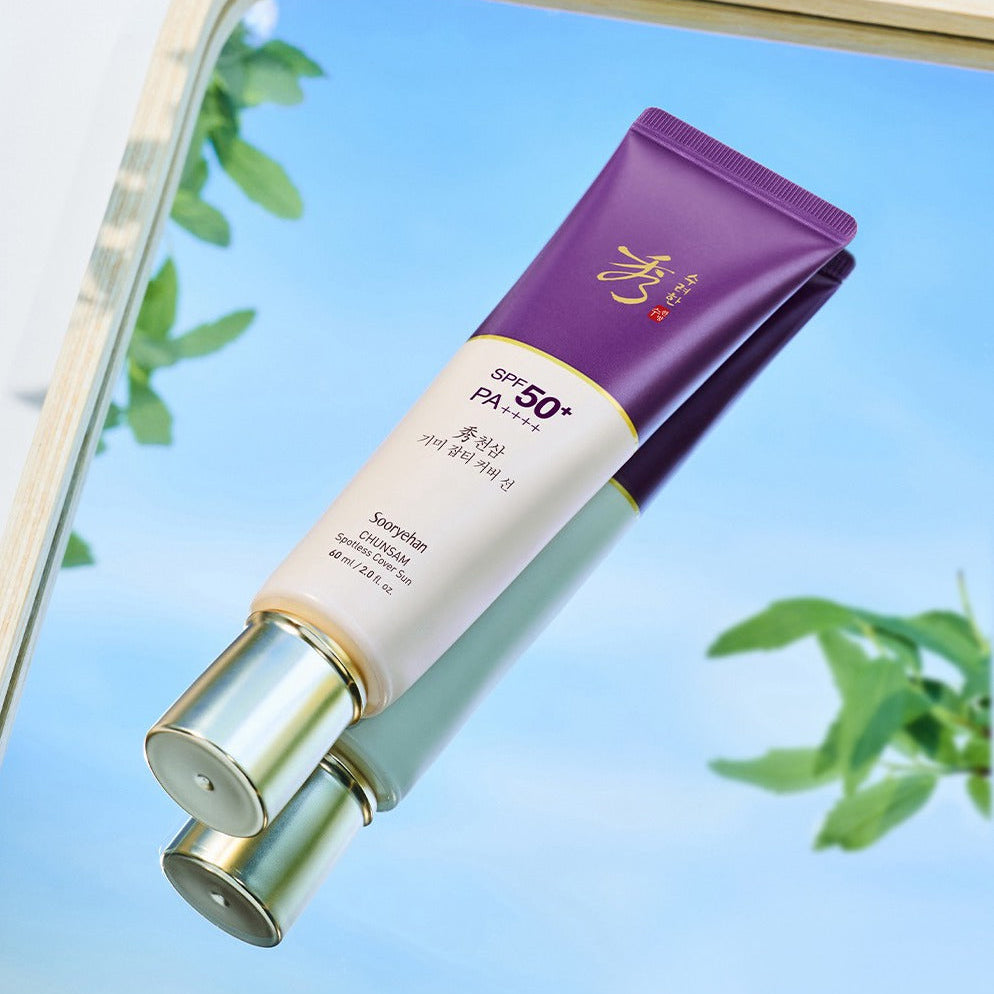 SOORYEHAN Hyobidam Fermented Sun Scream 60ml with SPF 50+ on a reflective surface with green leaves background