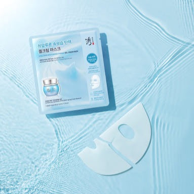 SOORYEHAN Moisture Spring Hyaluronic Gel Cream Mask 1 Sheet on textured blue background
