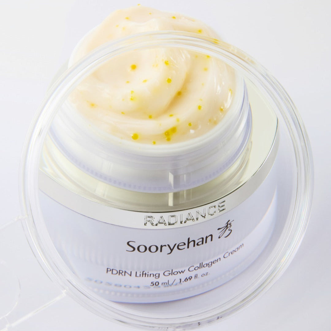 SOORYEHAN Radiance PDRN lasticity Cream 50ml in open jar showing texture and packaging.