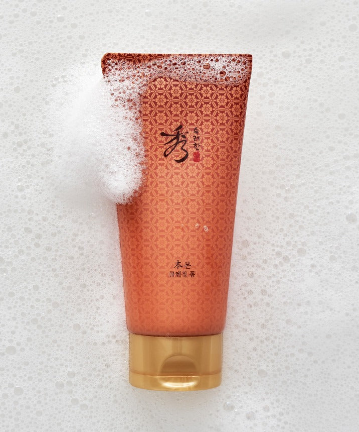 SOORYEHAN Bon Cleansing Foam 160ml shown on a foamy surface, highlighting the product's luxurious packaging