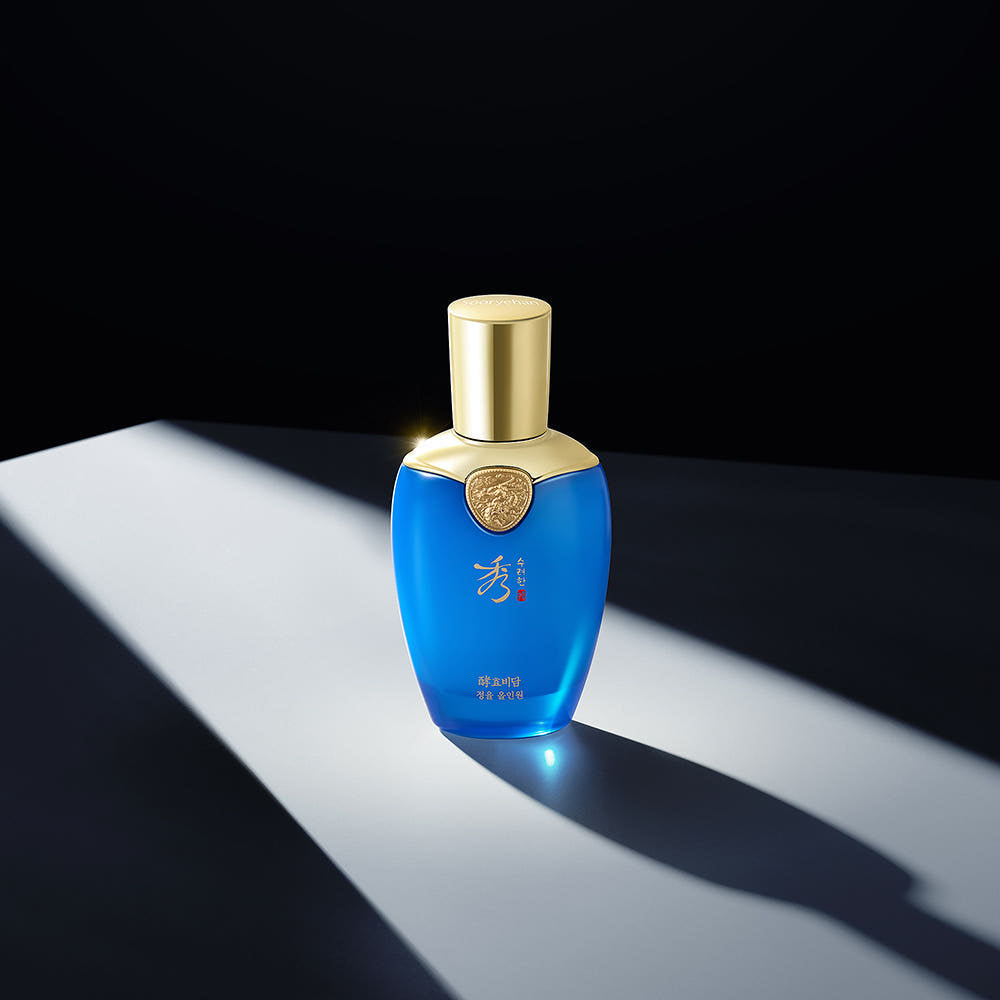 SOORYEHAN Hyobidam Jeongyul All-in-One 100ml blue bottle with gold cap on dark background, Gentleman Korea premium men's skincare product