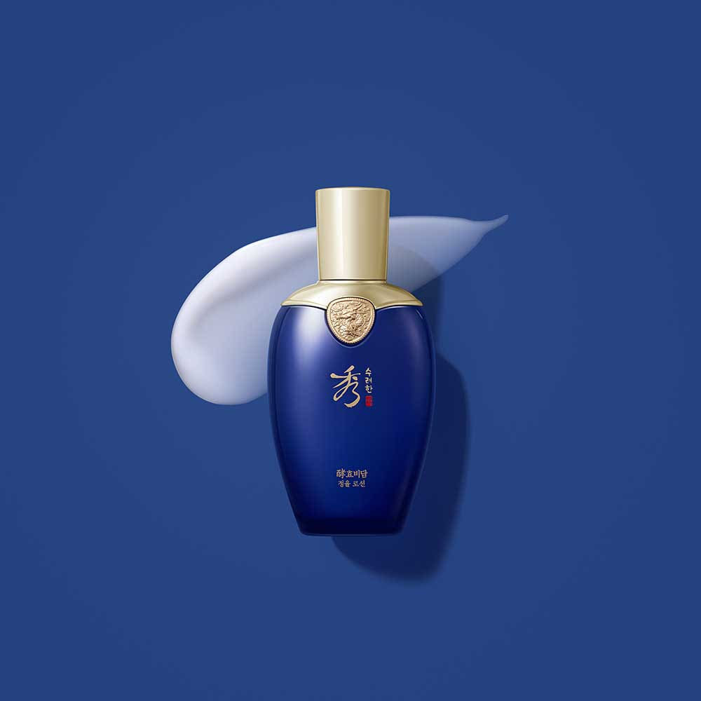 SOORYEHAN Hyobidam Jeongyul Lotion 130ml navy bottle on blue background - Gentleman Korea premium Korean skincare for men