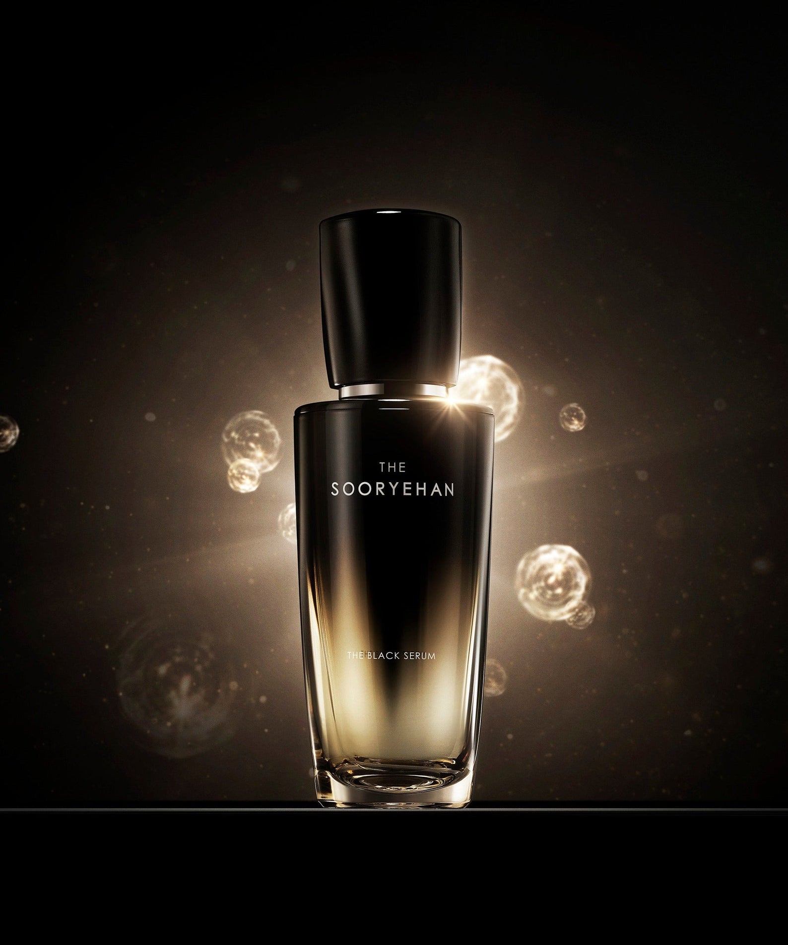 SOORYEHAN The Black Serum 30ml bottle against a glowing backdrop, skincare product on display