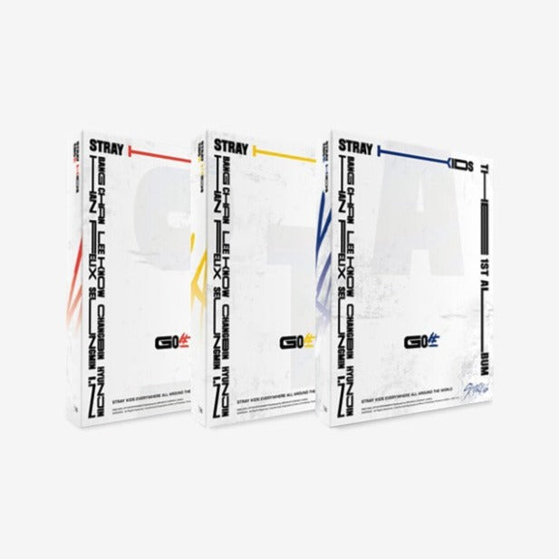 Image of STRAY KIDS GO? 1st Album showcasing three different edition covers in red, yellow, and blue accents.