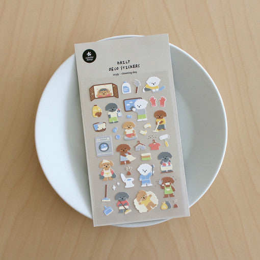 SUATELIER Cleaning Day Stickers on a plate, featuring cute household chore designs for planners and scrapbooking enthusiasts.