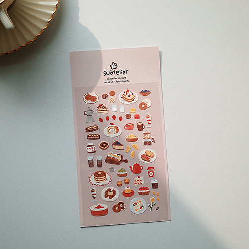 SUATELIER Food Trip #4 Stickers featuring cute food designs like cakes, pastries, and beverages, perfect for planners and diaries.