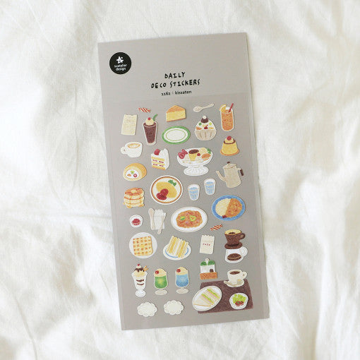 SUATELIER Kissaten Stickers featuring various cafe-themed designs on a decorative sheet.