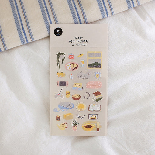 SUATELIER Lazy Sunday Stickers featuring cozy lifestyle designs on a white background, perfect for journaling and decoration.