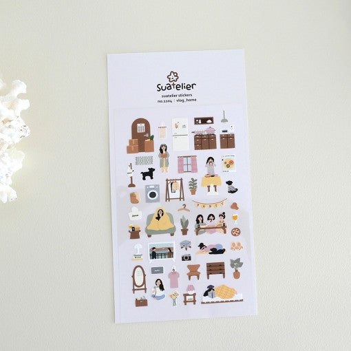SUATELIER Vlog Home Stickers featuring various home-themed designs on a sheet