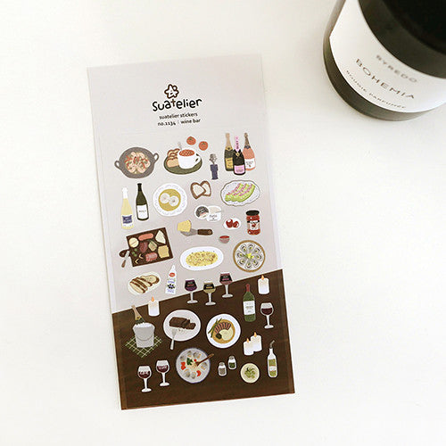 SUATELIER Wine Bar Stickers featuring food, wine bottles, and dining elements for creative decoration.
