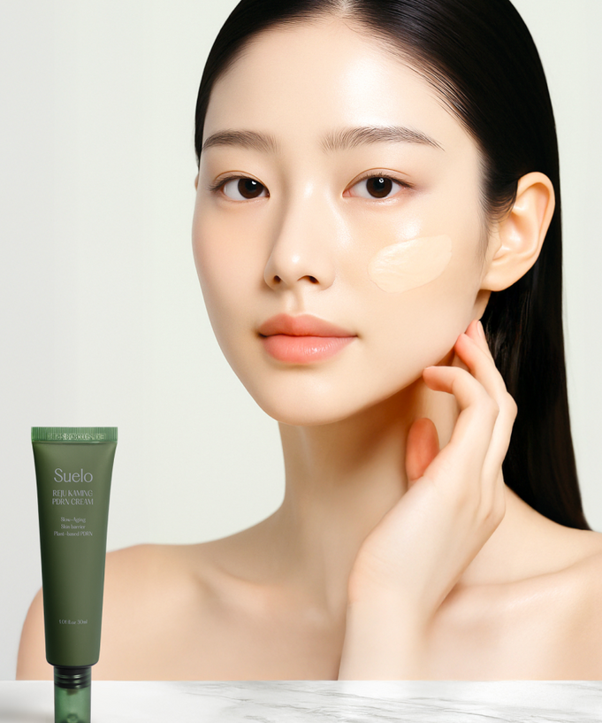 Woman applying SUELO Reju Calming PDRN Cream 30ml to her cheek for a soothing effect.