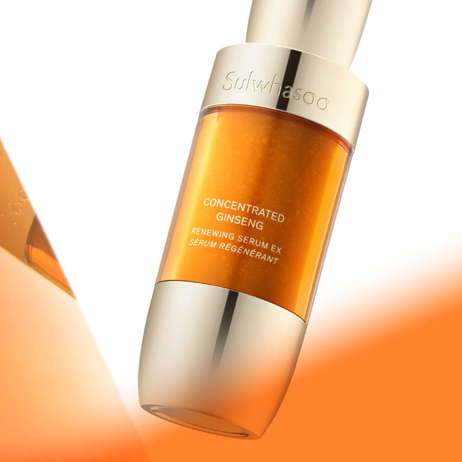 SULWHASOO Concentrated Ginseng Renewing Serum EX bottle against an orange background.