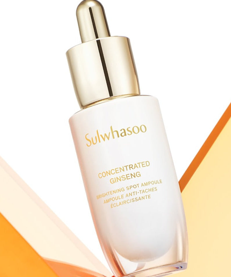 SULWHASOO Concentrated Ginseng Brightening Spot Ampoule 20g product image on a vibrant background.