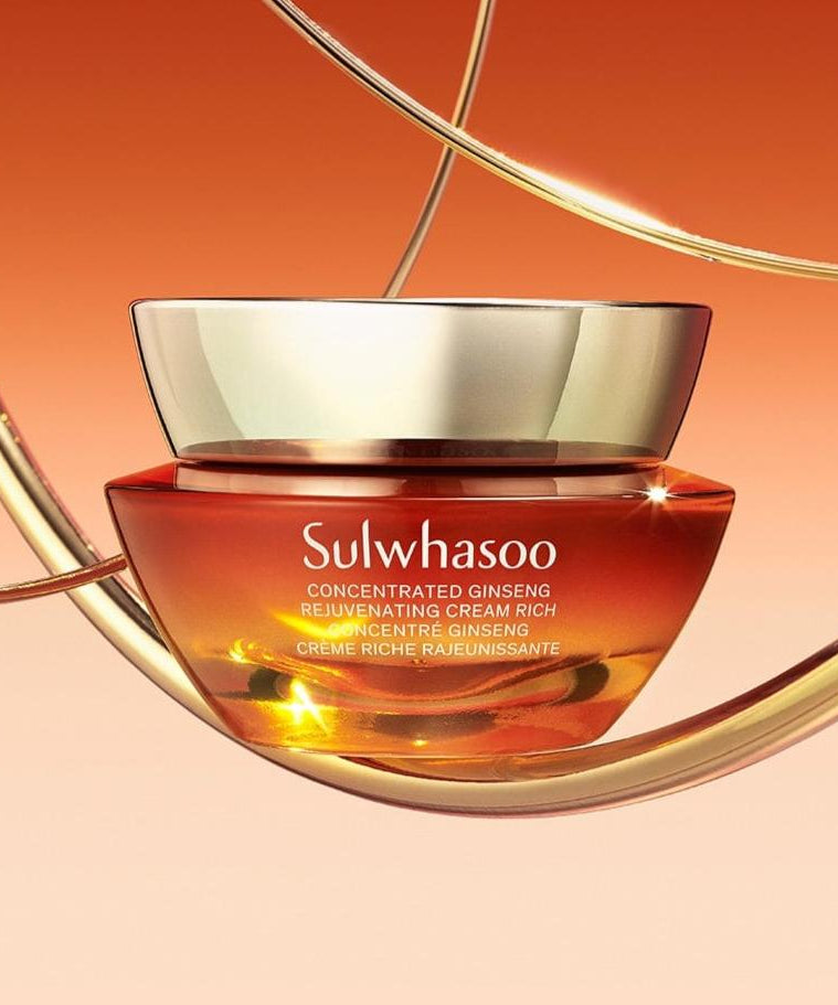 SULWHASOO Concentrated Ginseng Rejuvenating Cream Rich with luxurious gold accents against a vibrant background
