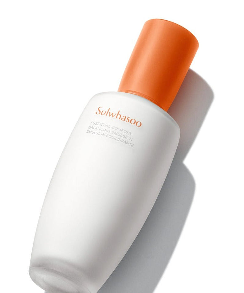 SULWHASOO Essential Comfort Balancing Emulsion 125ml bottle with orange cap, providing hydrating skincare benefits.