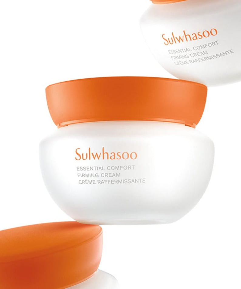 SULWHASOO Essential Comfort Firming Cream in white and orange jar, effective for skin firming and comfort.