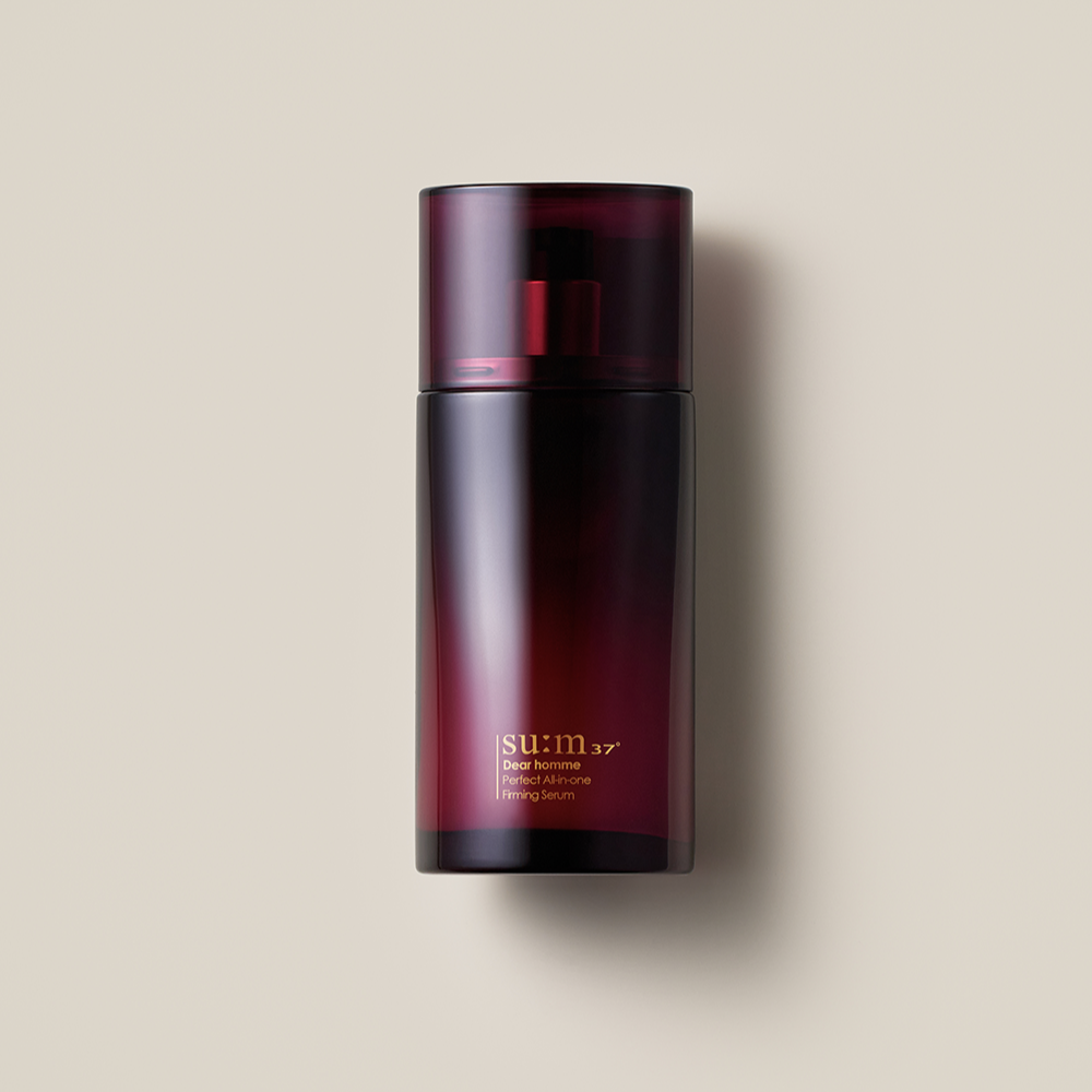SU:M37 Dear Homme Perfect All-in-One Firming Serum 110ml displayed in dark red bottle for men by Gentleman Korea, premium Korean skincare product