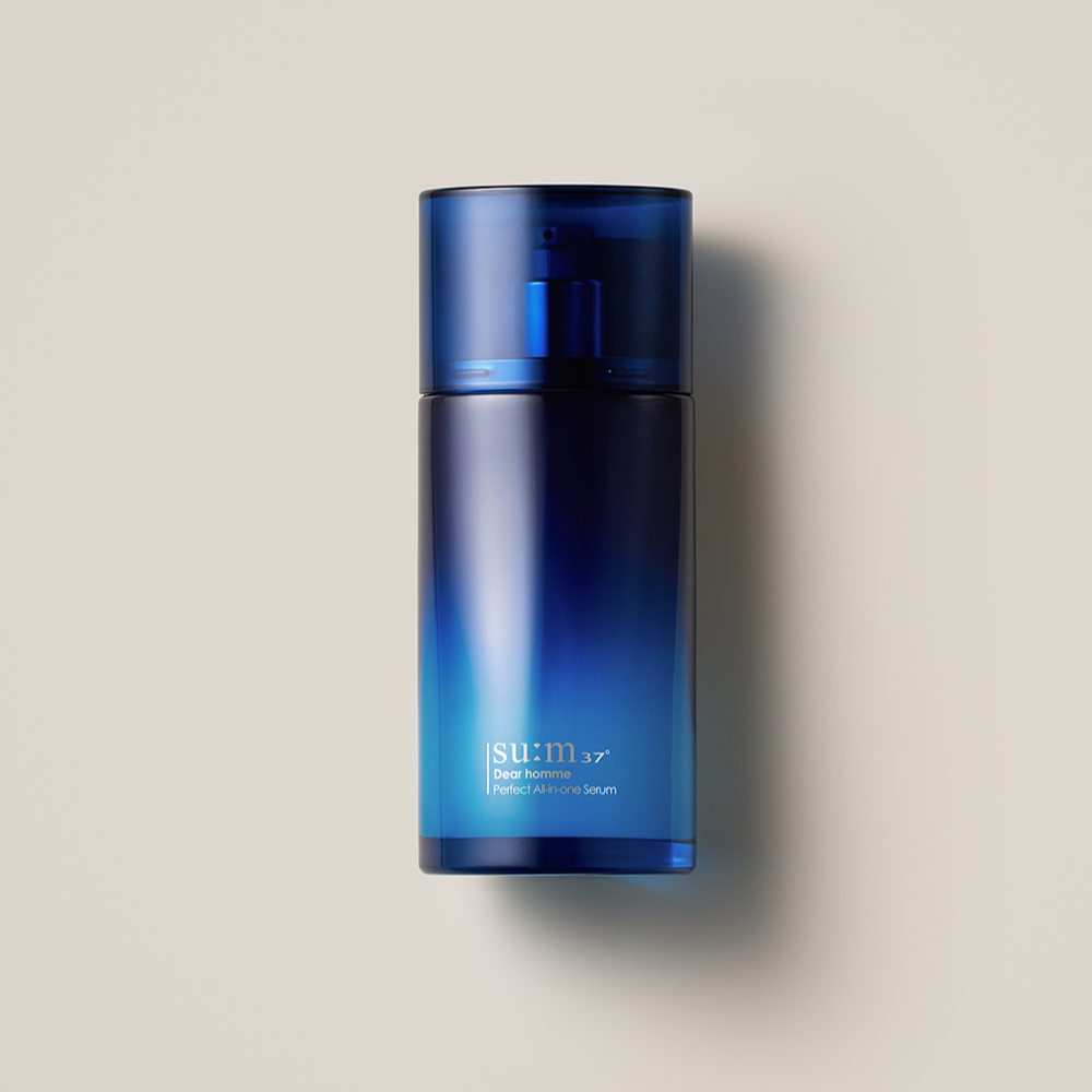 SU:M37 Dear Homme Perfect All-in-One Serum 110ml bottle on neutral background, premium Korean men’s skincare by Gentleman Korea