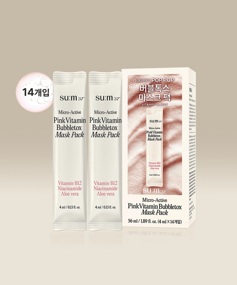 SU:M37 Microactive Pink Vitamin Bubble Tox Mask 4ml (14 sheet) packaging with two mask packs on display.
