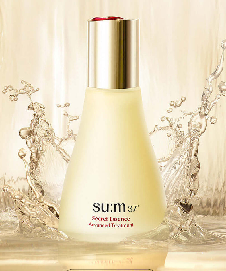 Bottle of SU:M37 Secret Essence 150ml surrounded by splashing water.