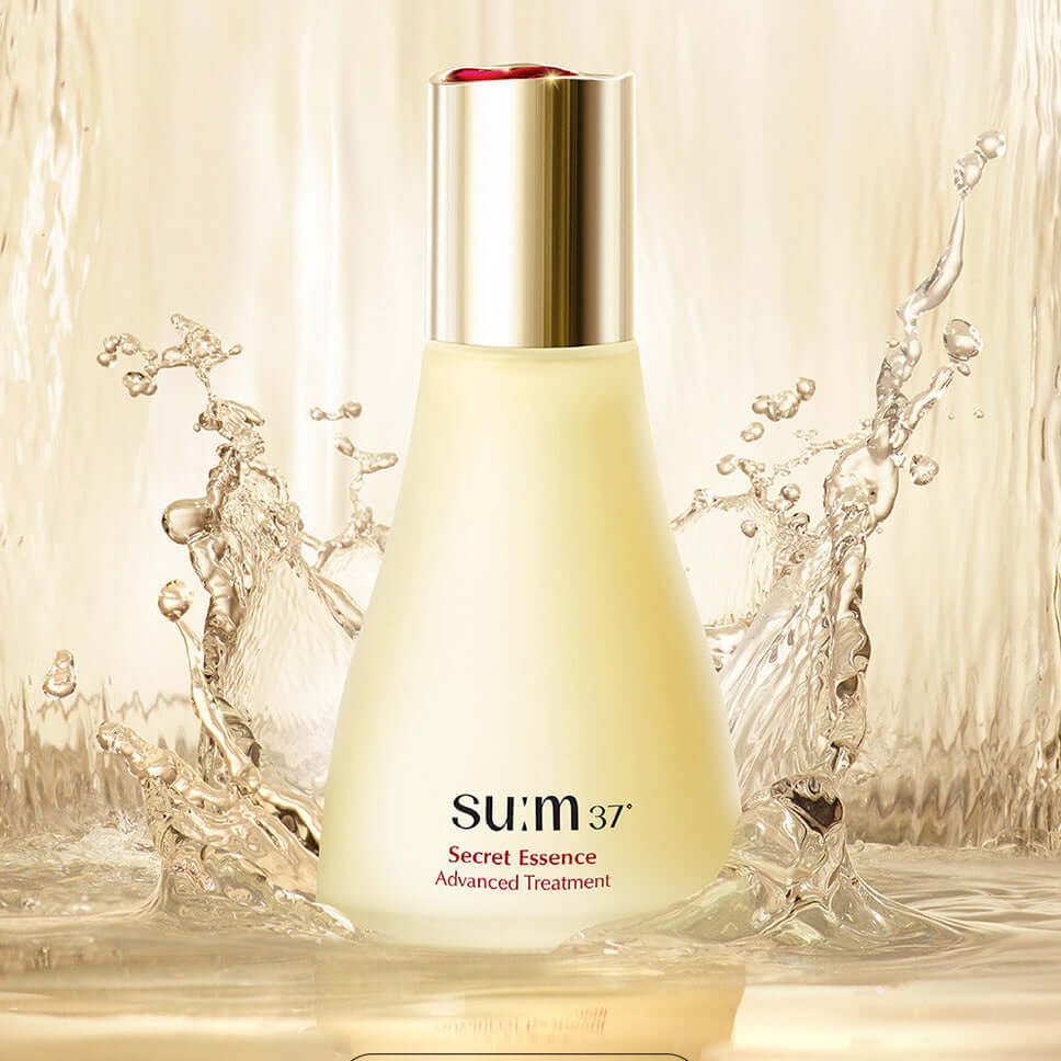 Bottle of SU:M37 Secret Essence 150ml surrounded by splashing water.