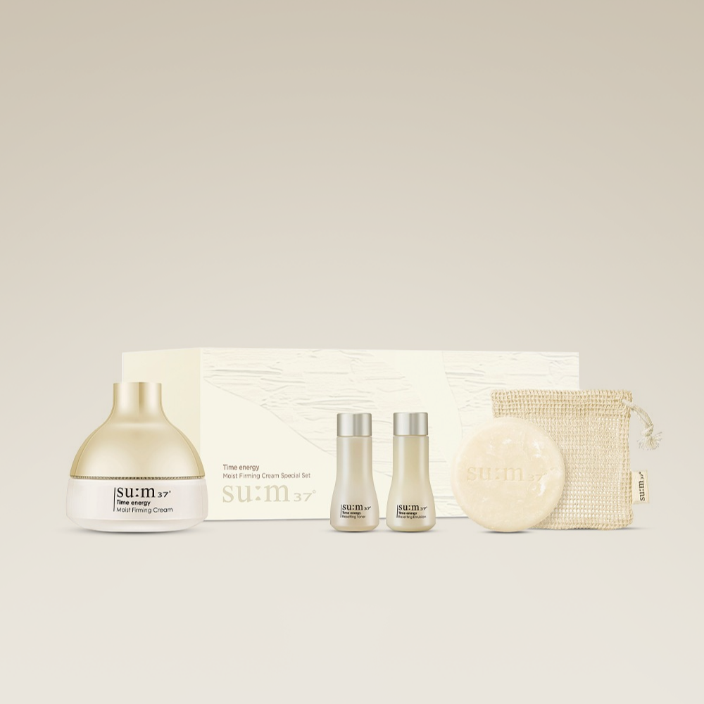 Image of SU:M37 Time Energy Cream Planning with complete skincare set including cream, serum, and bar soap on display.