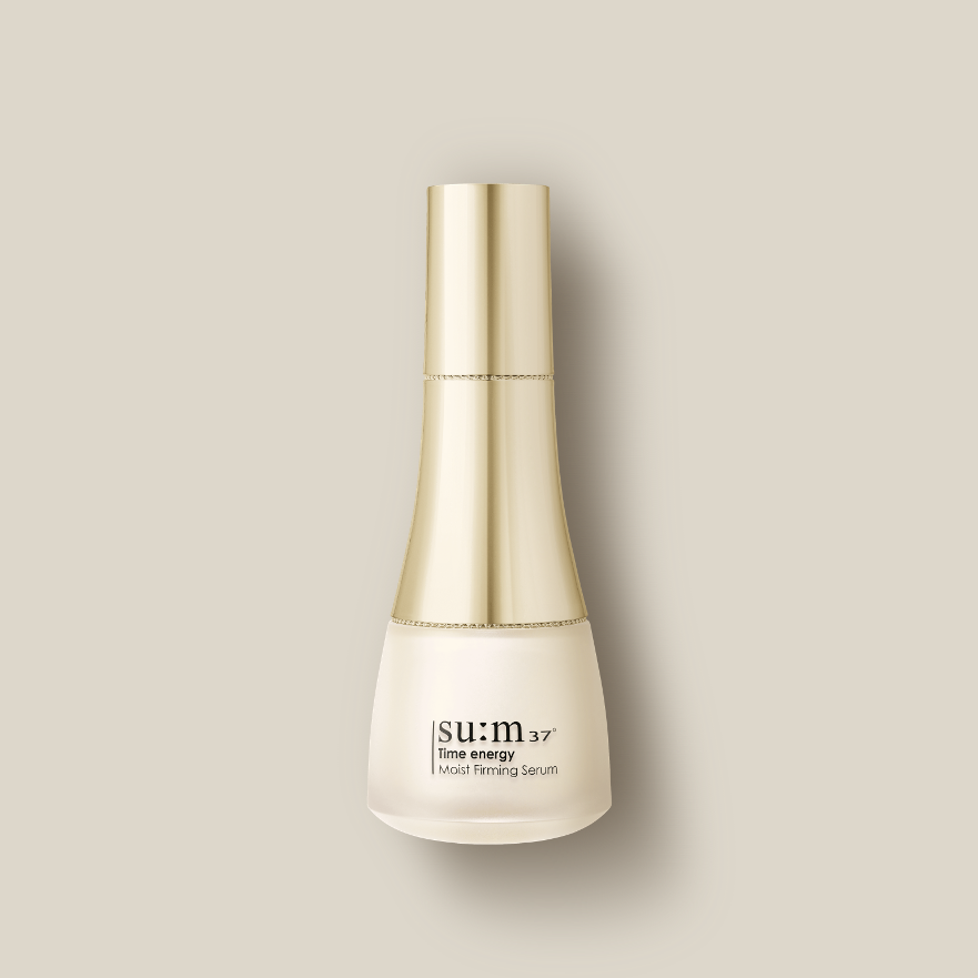 SU:M37 Time Energy Moist Firming Serum 50ml in elegant gold bottle on neutral background