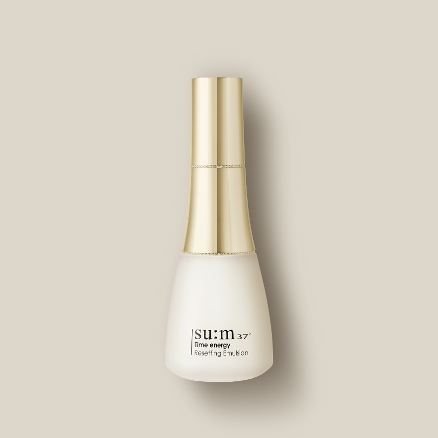 SU:M37 Time Energy Resetting Emulsion 120ml bottle against beige background
