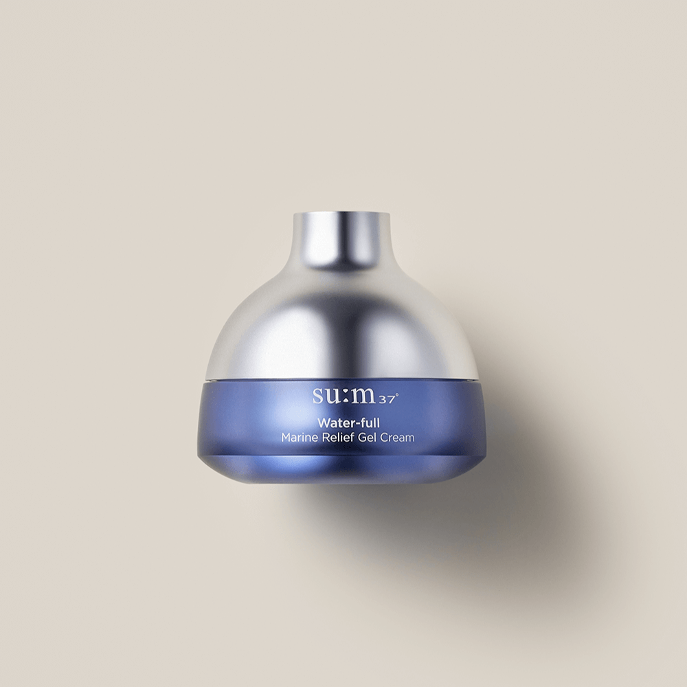 SU:M37 Water-full Marine Relief Gel Cream 50ml in silver and blue bottle on neutral background.