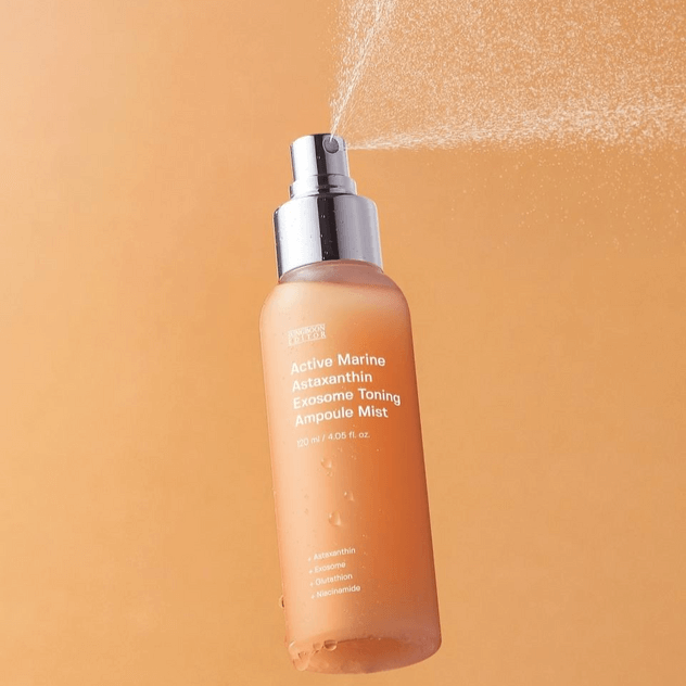 SUNGBOON EDITOR Active Marine Astraxanthin Exosome Toning AMpoule Mist 120ml spray bottle on orange background