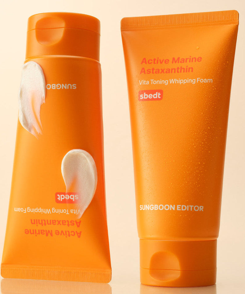 SUNGBOON EDITOR Active Marine Astaxanthin Vita Toning Whipping Foam 120g in orange packaging