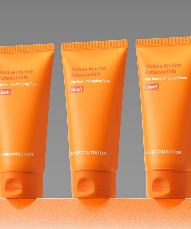 SUNGBOON EDITOR Active Marine Astaxanthin Vita Toning Whipping Foam 120g tubes displayed in a row.