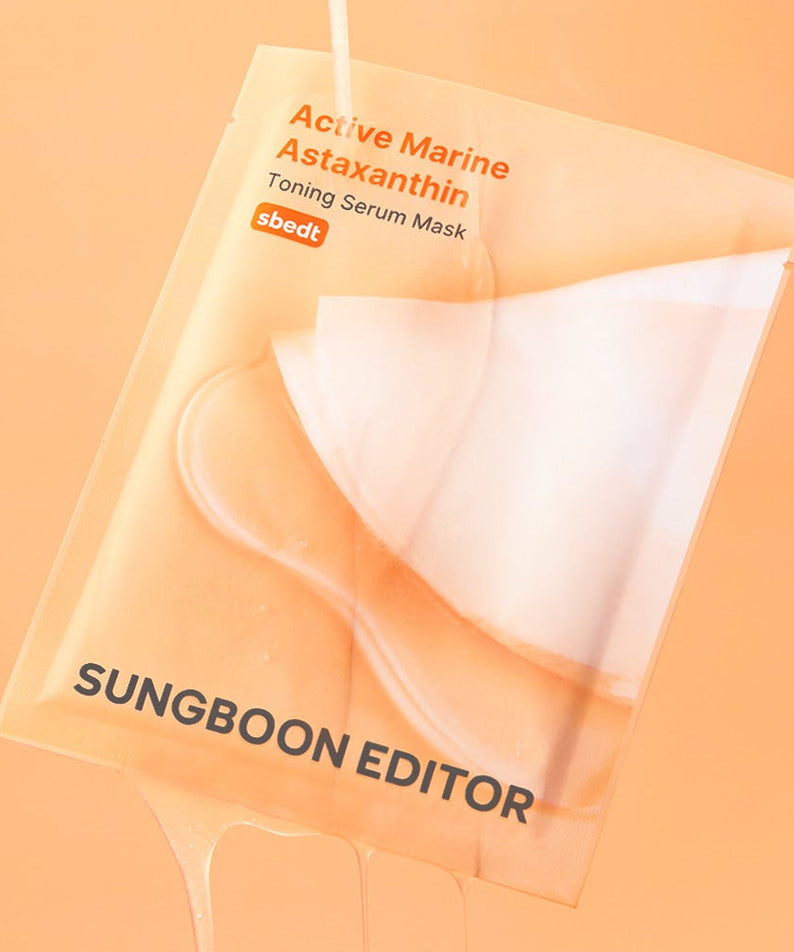SUNGBOON EDITOR Active Marine Asxatanthin Toning Serum Mask 10 Sheets packaging on an orange background.