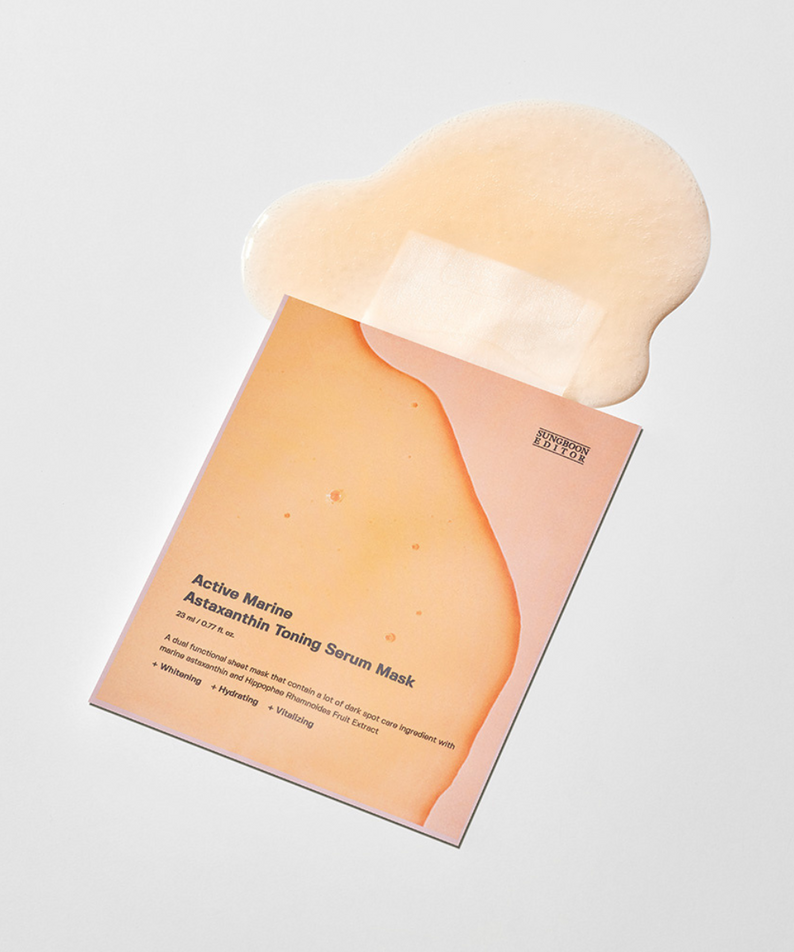 SUNGBOON EDITOR Active Marine Asxatanthin Toning Serum Mask 10 Sheets displayed on a white background with serum spilling out