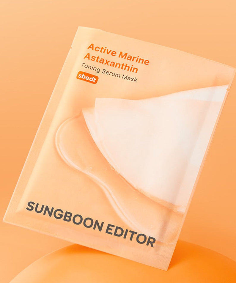 SUNGBOON EDITOR Active Marine Asxatanthin Toning Serum Mask 10 Sheets packaging on orange background.