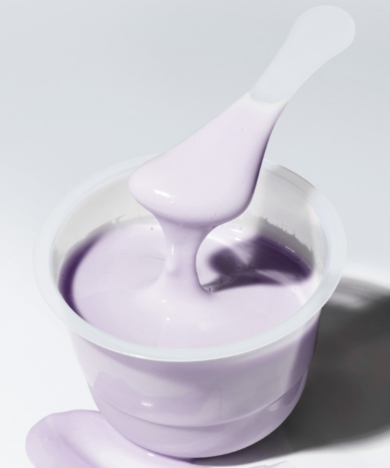 SUNGBOON EDITOR Boosting Modeling Pack Meoru Podo Brightening in container with spatula, featuring smooth purple cream texture