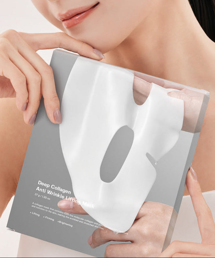 Woman holding SUNGBOON EDITOR Deep Collagen Anti Wrinkle Lifting Mask 37g package