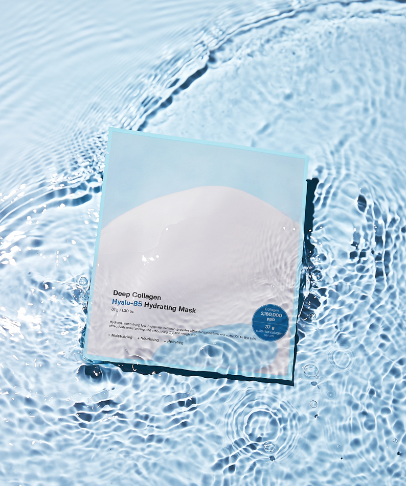 SUNGBOON EDITOR Deep Collagen Hyalu-B5 hydrating Mask on water surface, showcasing packaging.